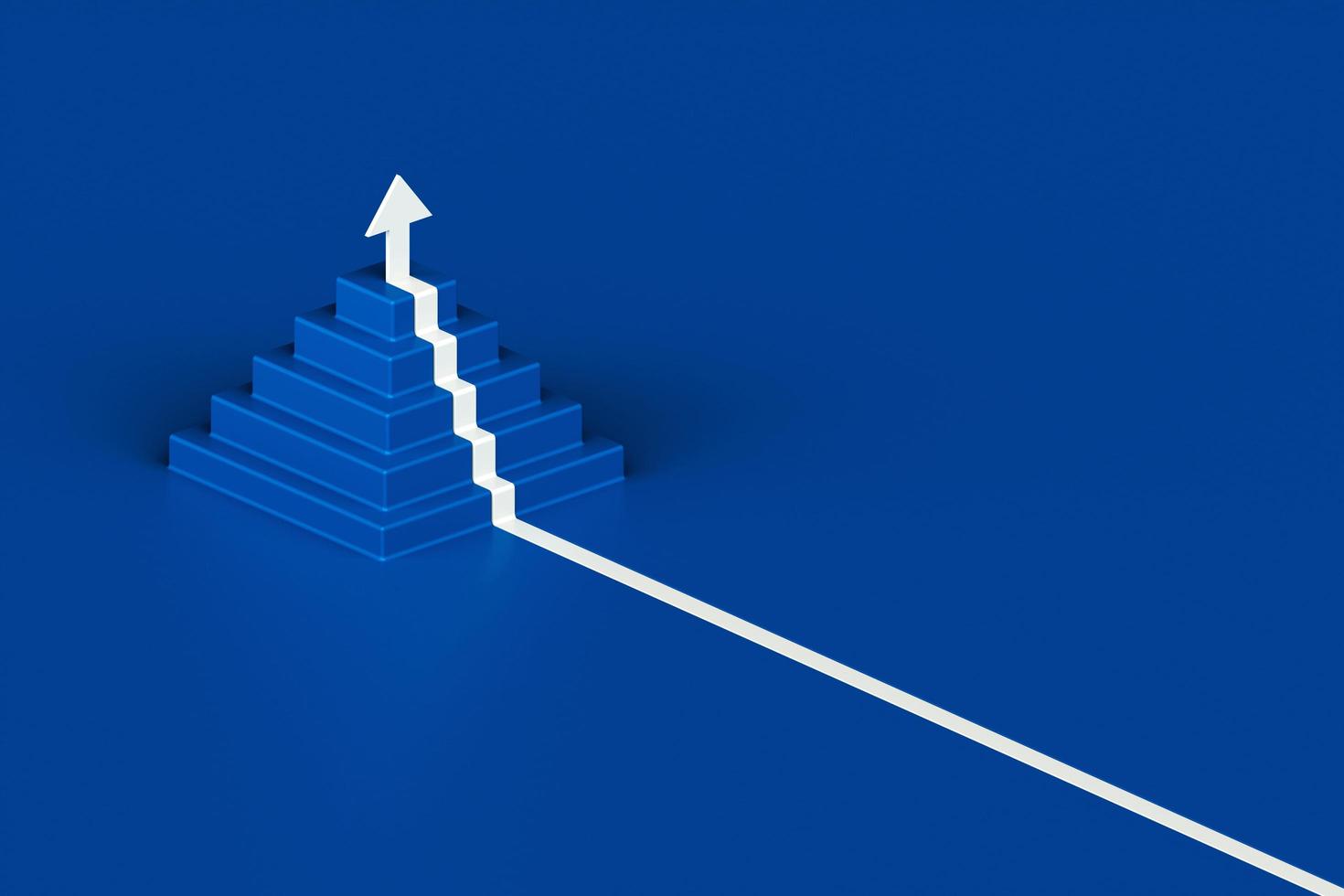 White arrow following the stairs of growth on blue background, 3D arrow climbing up over a staircase , 3d stairs pyramid shape with arrow going upward, 3d rendering photo