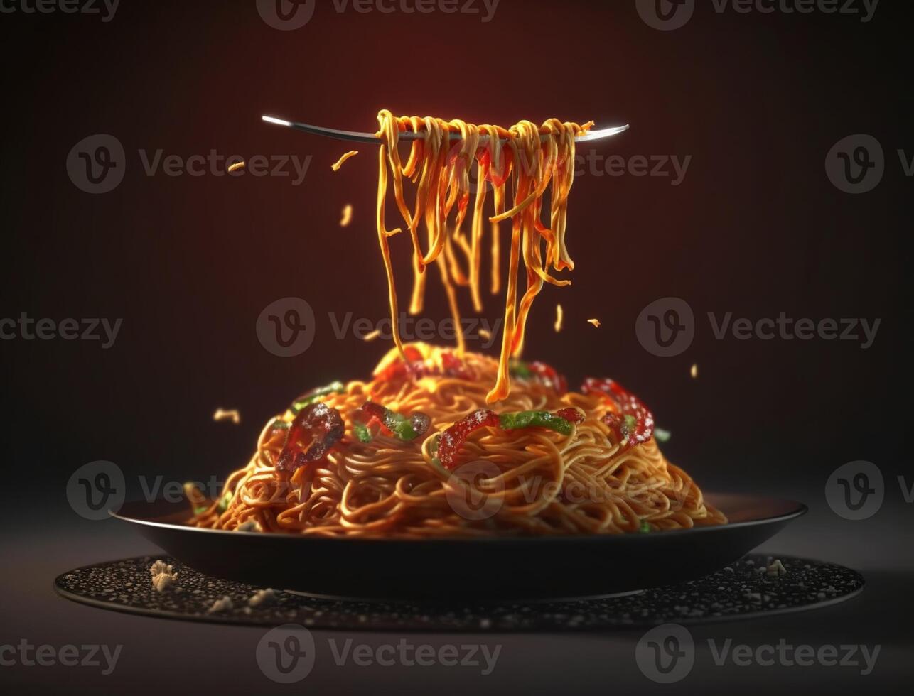italian food. spaghetti pasta in black plate on dark background. photo