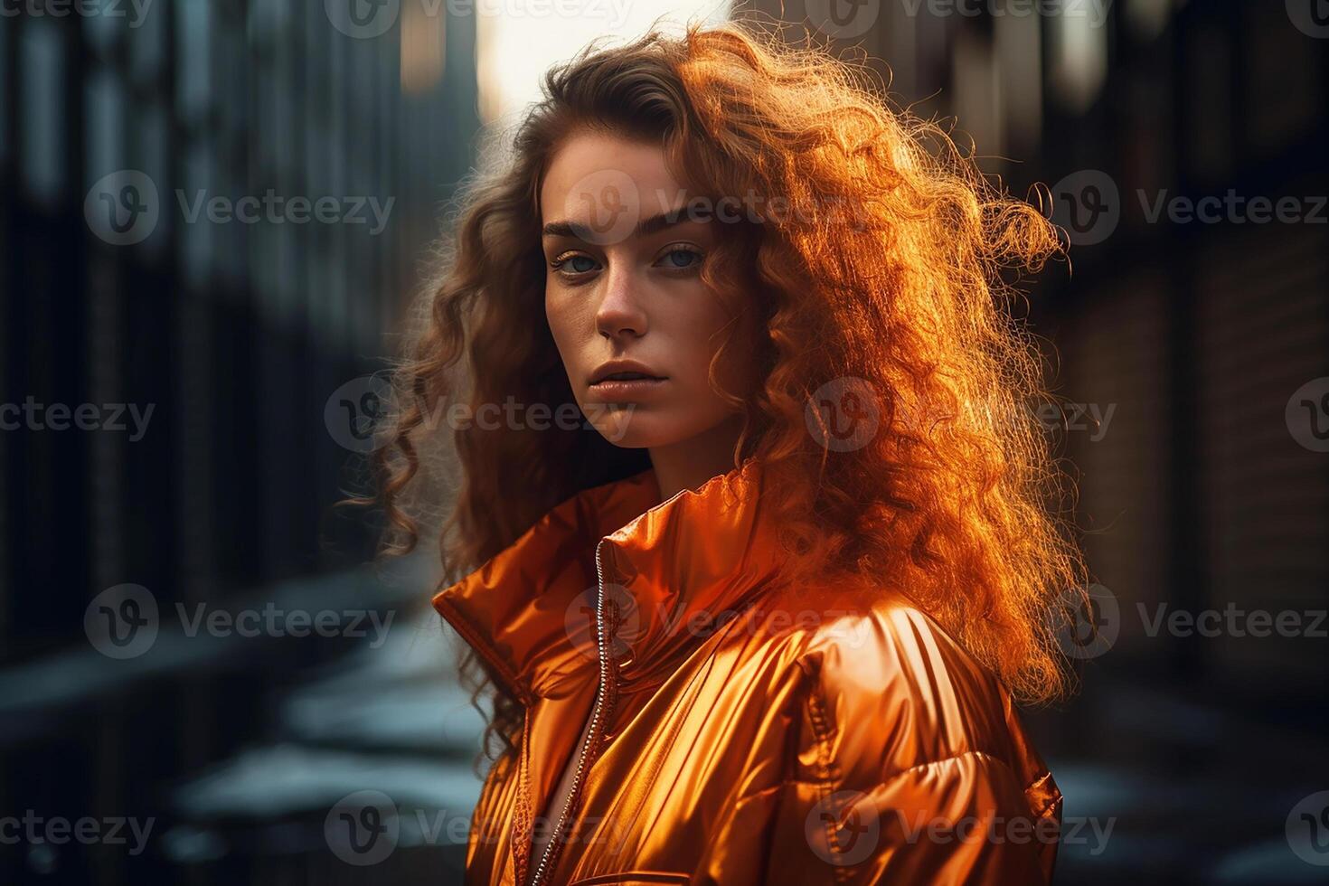 Portrait of a red-haired girl dressed fashionably in a bright orange jacket. Street style. photo