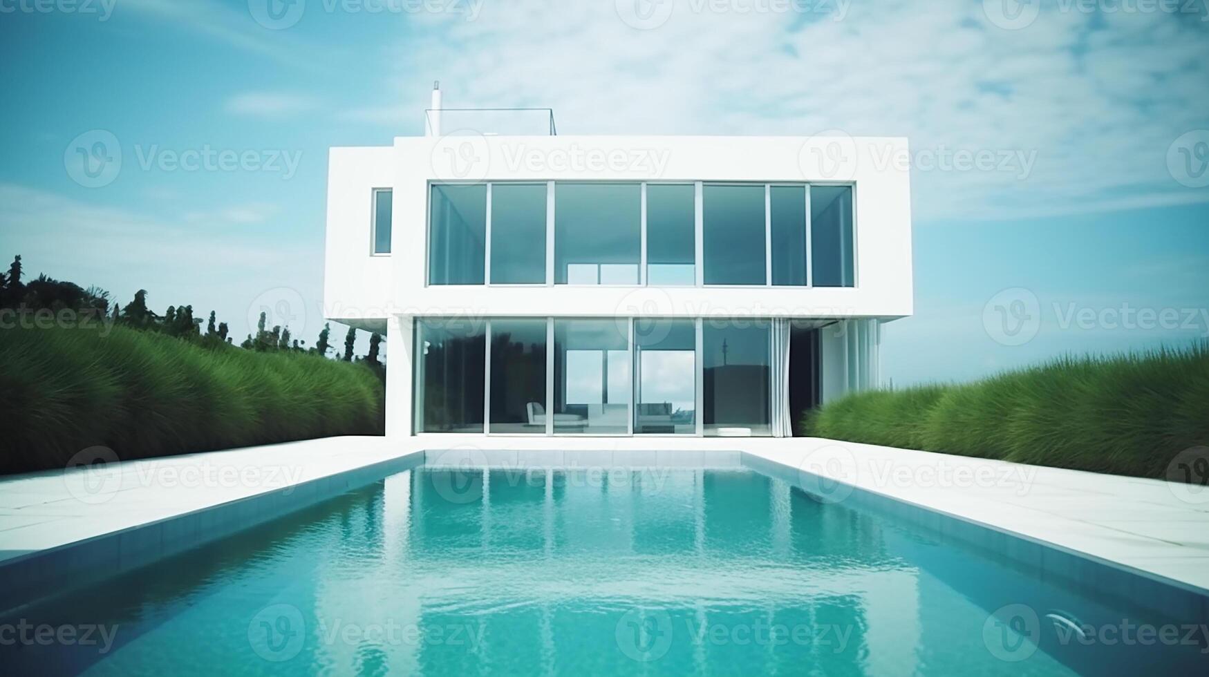 Design, Contemporary white home with panoramic windows and pool, with a backyard overlooking the ocean. photo