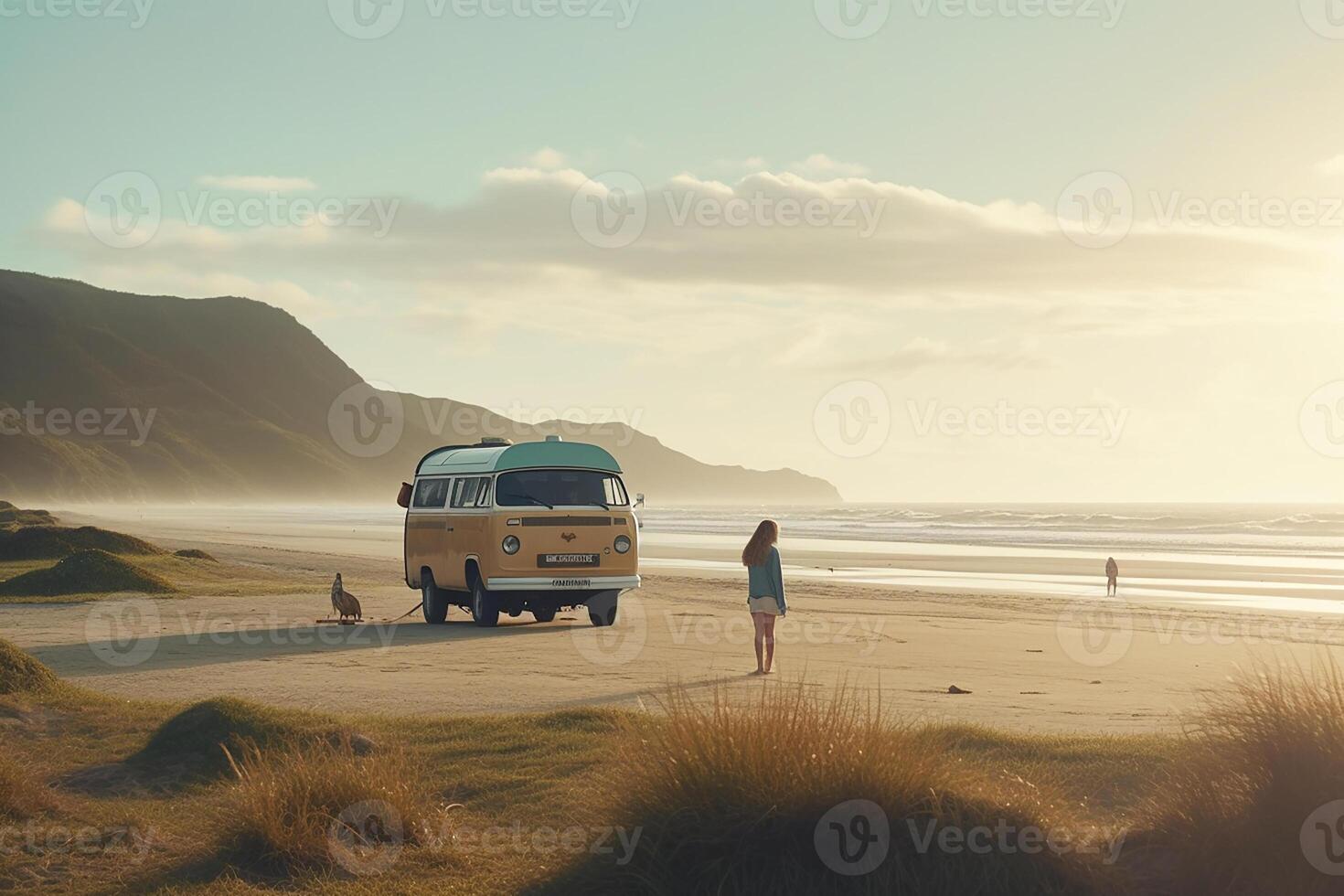 Van on the wild sandy seashore, auto travel. photo