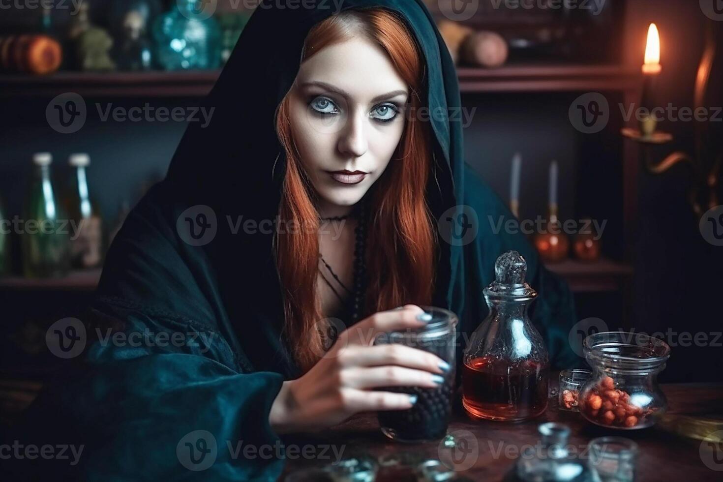 un bruja, un hermosa niña en un negro capa con un capucha es preparando un amor poción. generativo ai foto