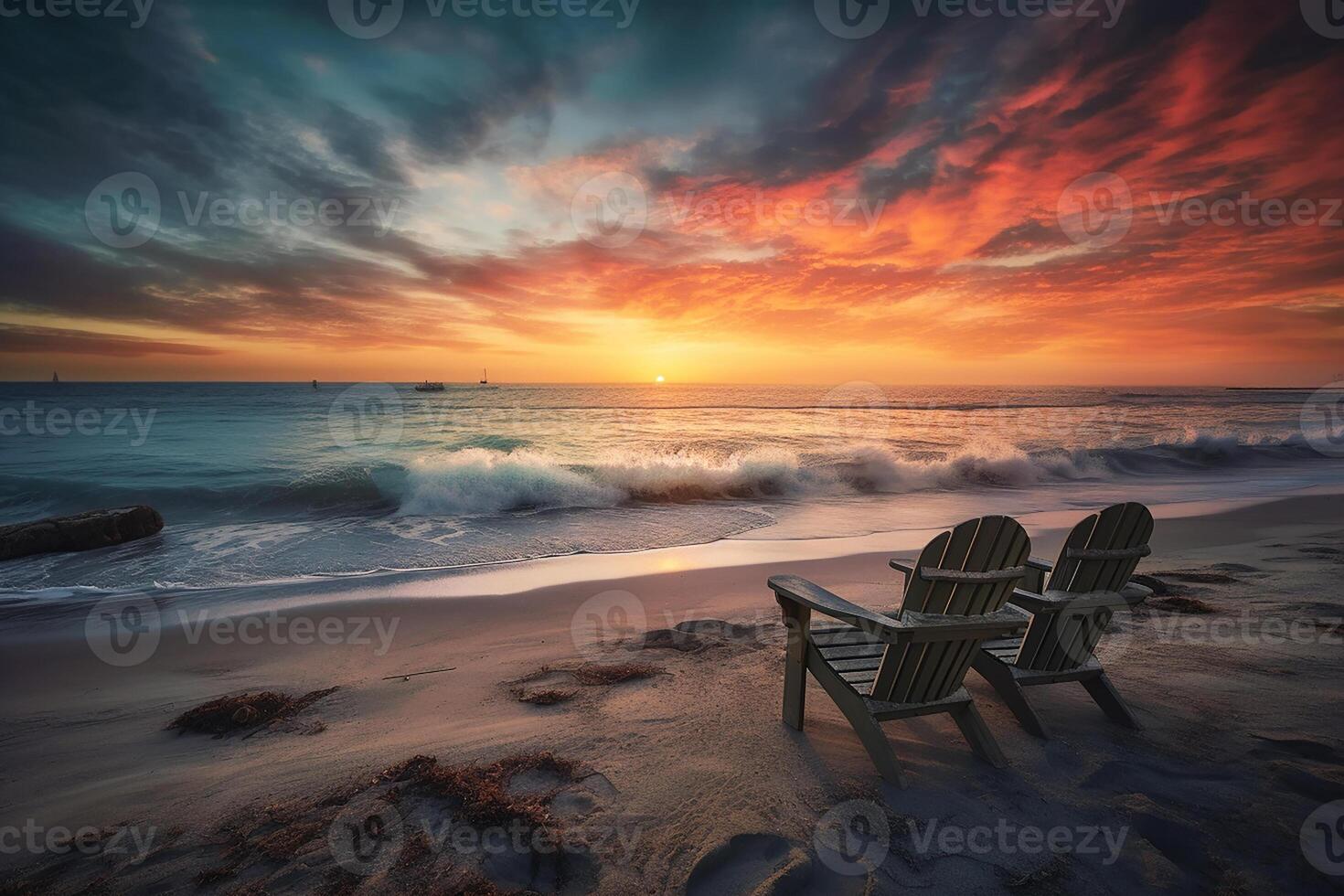 un vistoso puesta de sol en un caribe playa con nubes, dos playa sillas en el playa. generativo ai foto