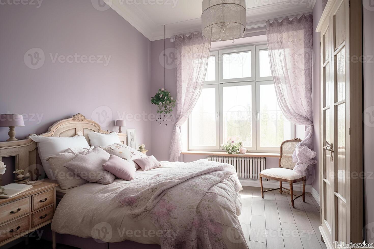 Interior of a luxurious bedroom in the style of Provence, pink and purple tones. photo