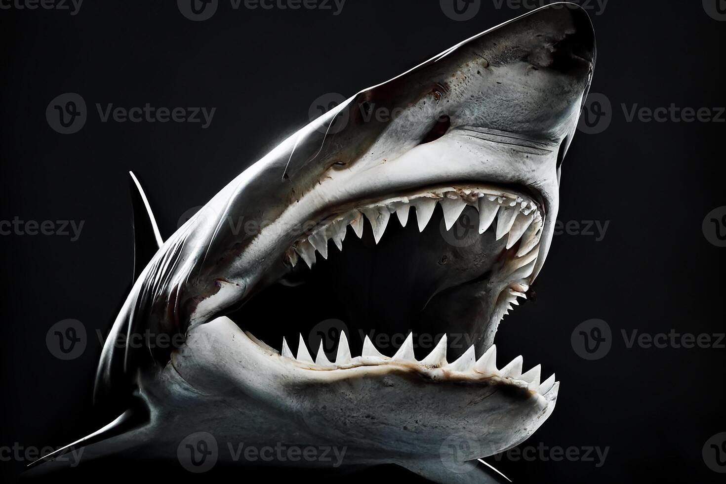 Shark with large jaws and teeth, dark background. photo