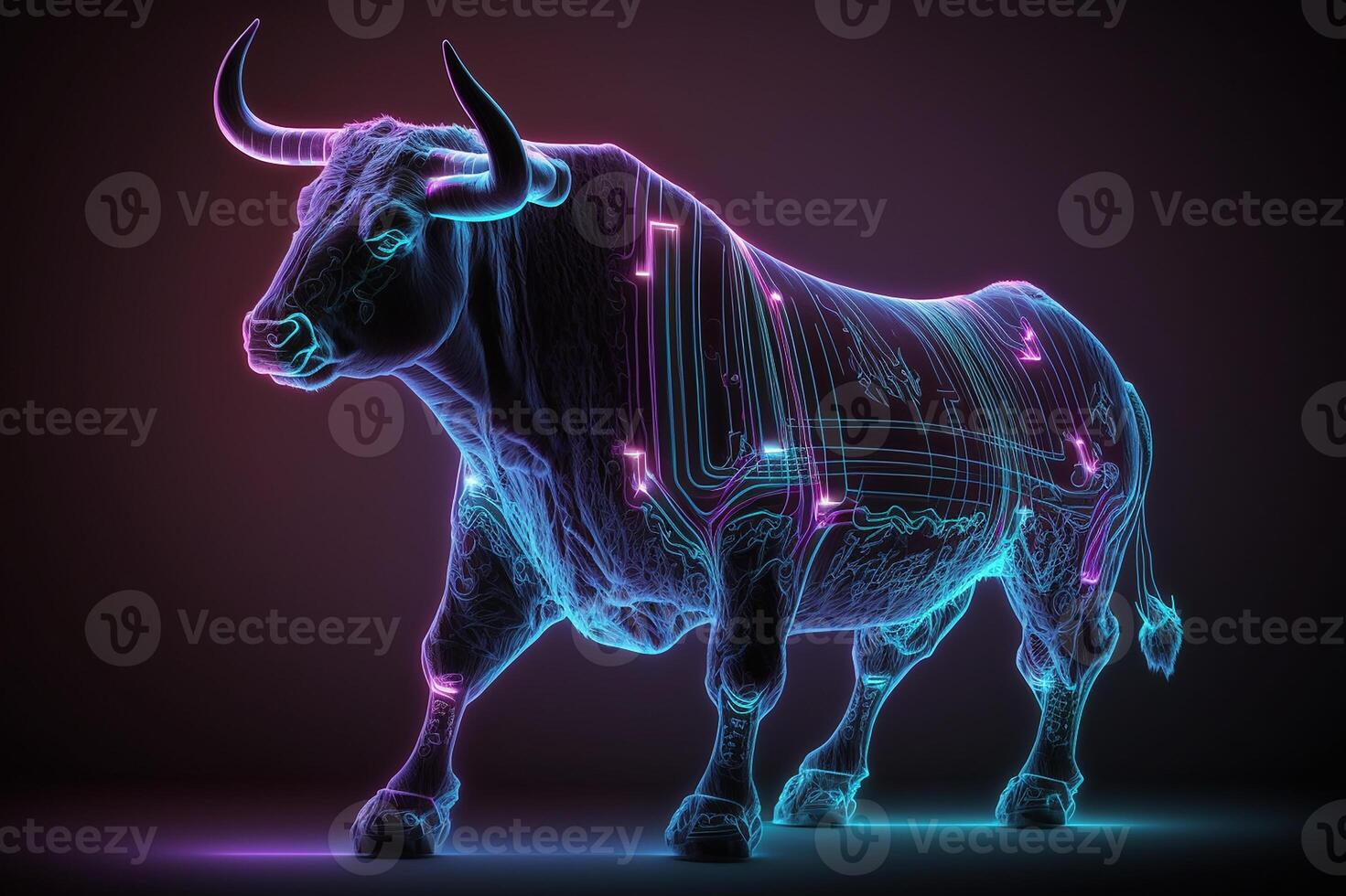 Bull stock exchange. glowing neon bull against the background of stock exchange charts and quotes. Black background. photo