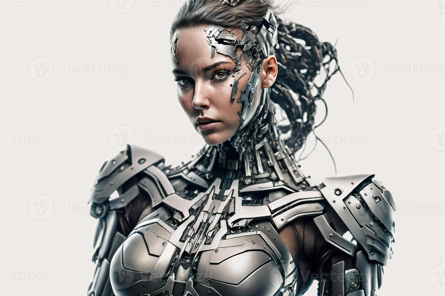 Girl robot on white background, technology development of Artificial Intelligence. photo