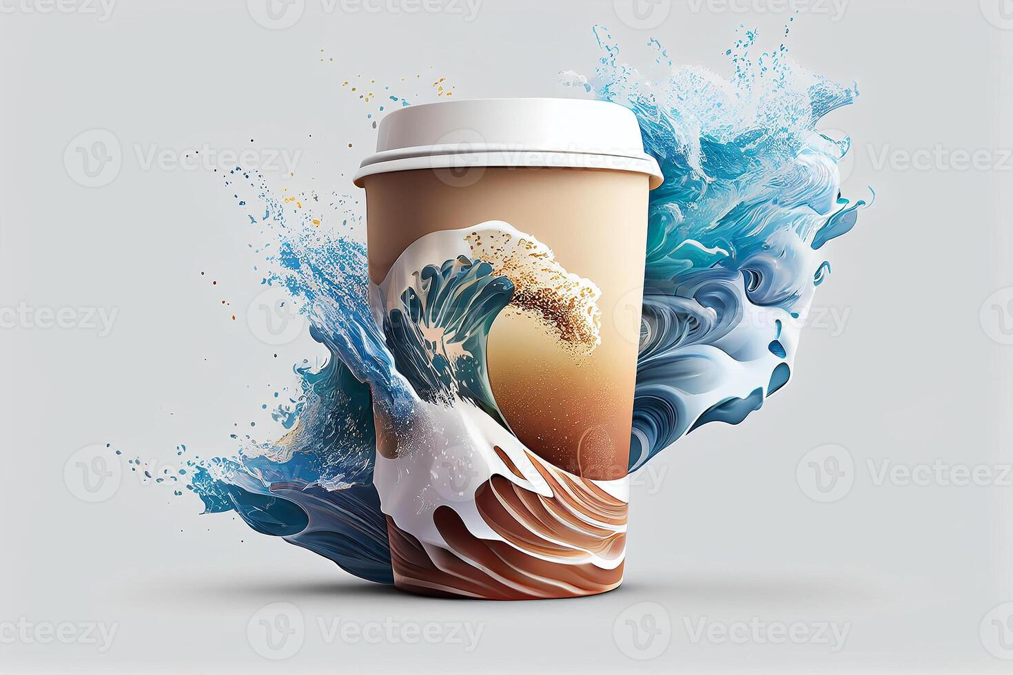 Paper cup with coffee, art. Fresh breeze with sea wave. 3D render. photo