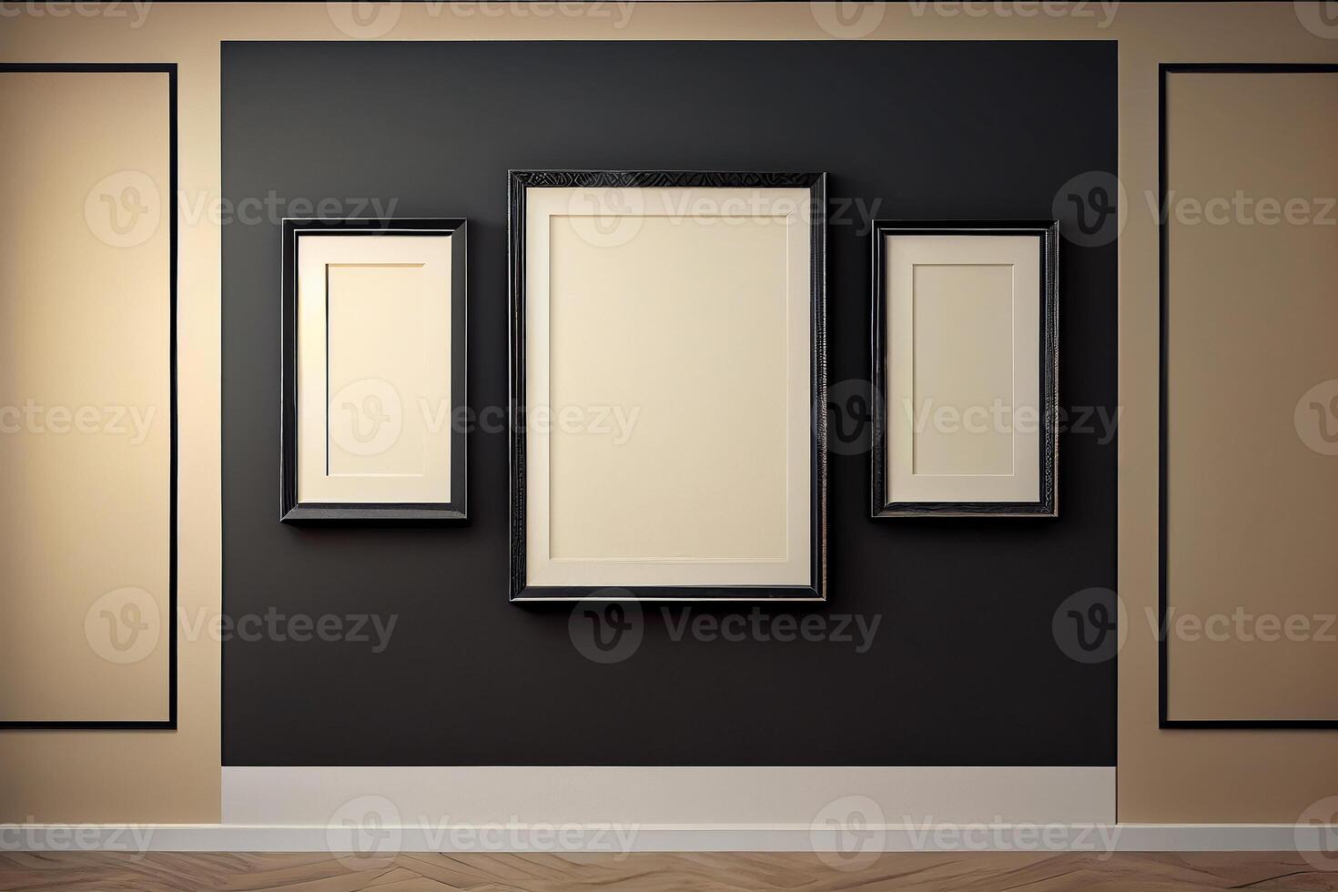 Interior in an art gallery, empty picture frames on the wall. photo