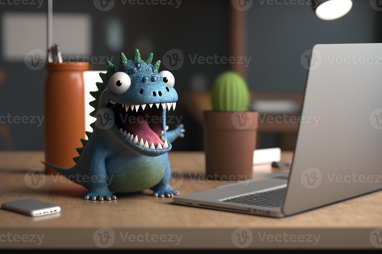 A toy dragon, a dinosaur looks excitedly into a notebook. photo