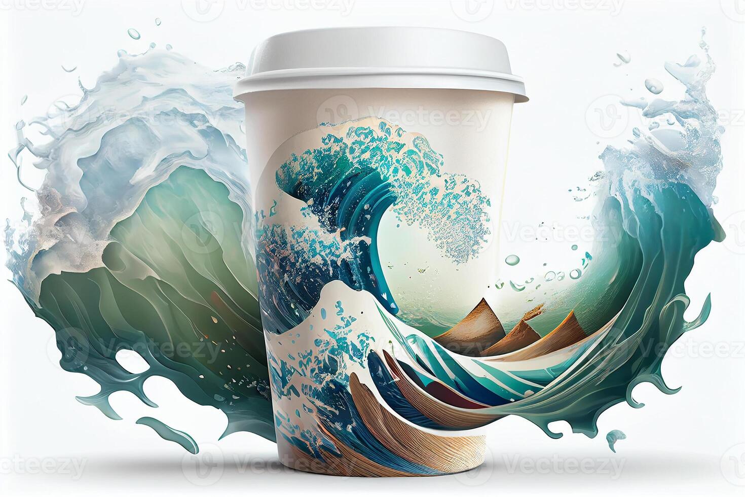 Paper cup with coffee, art. Fresh breeze with sea wave. photo