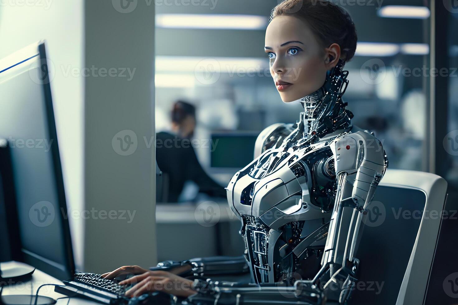 Skraldespand jeg er glad Hindre A female robot works at the computer in the office. Artificial intelligence  system ChatGPT, Chat Bot AI , smart robot technology. Generative AI  22935108 Stock Photo at Vecteezy