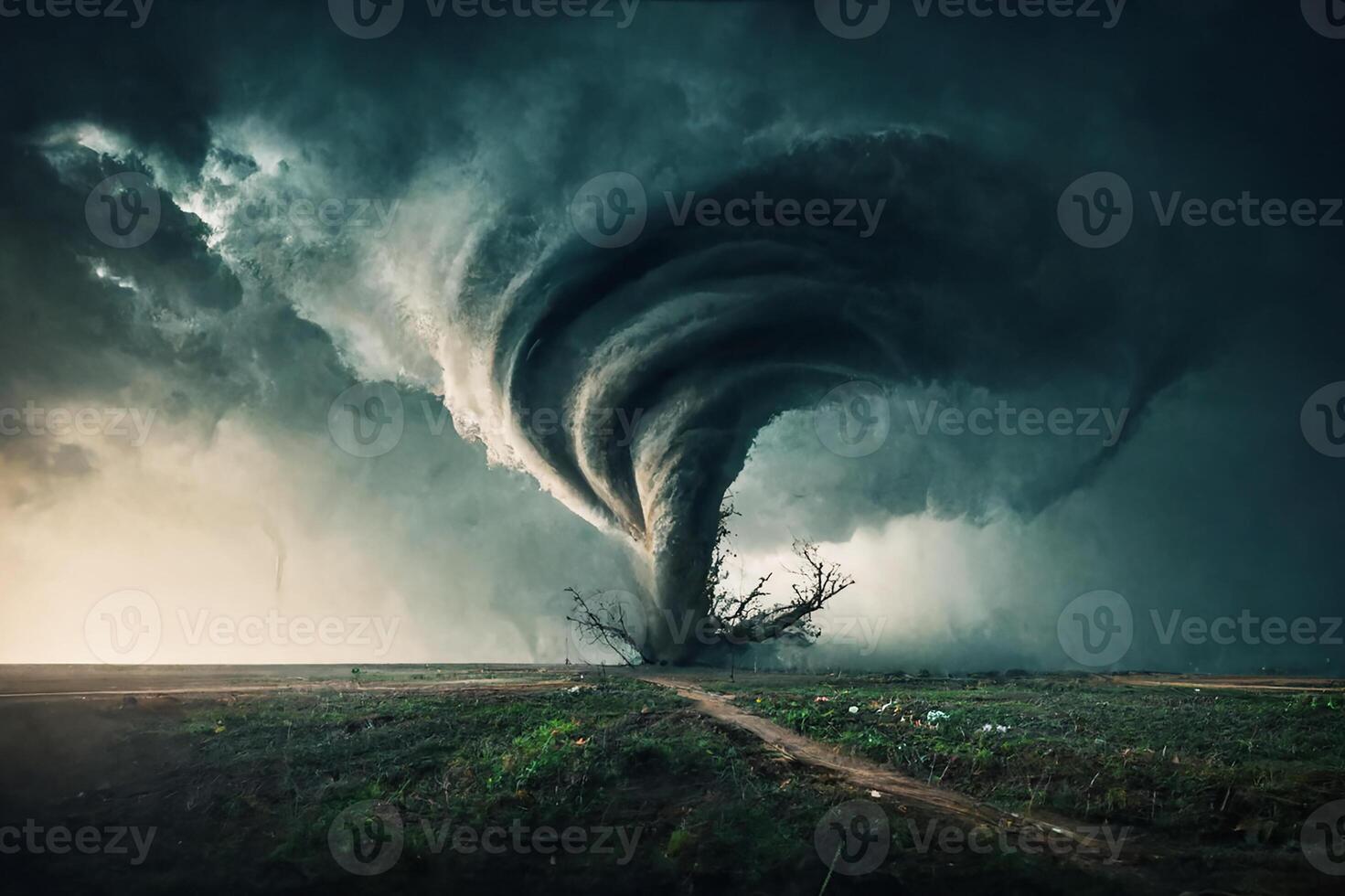 A powerful tornado hits the ground and sweeps everything from its path. photo