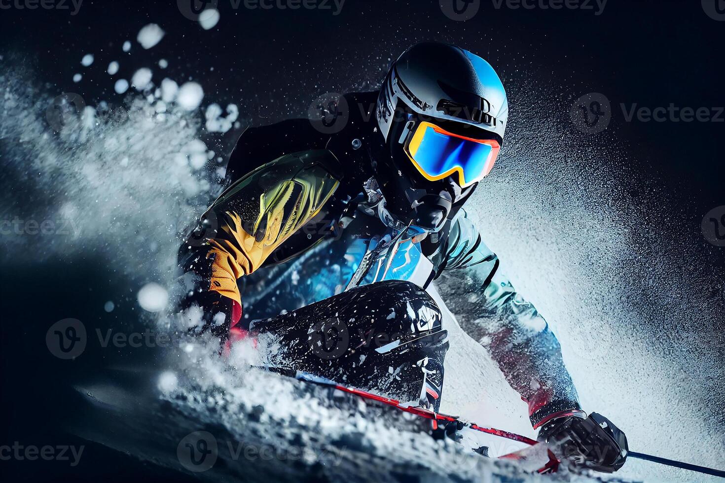 Skier in a ski-jacket goes down the mountain. photo