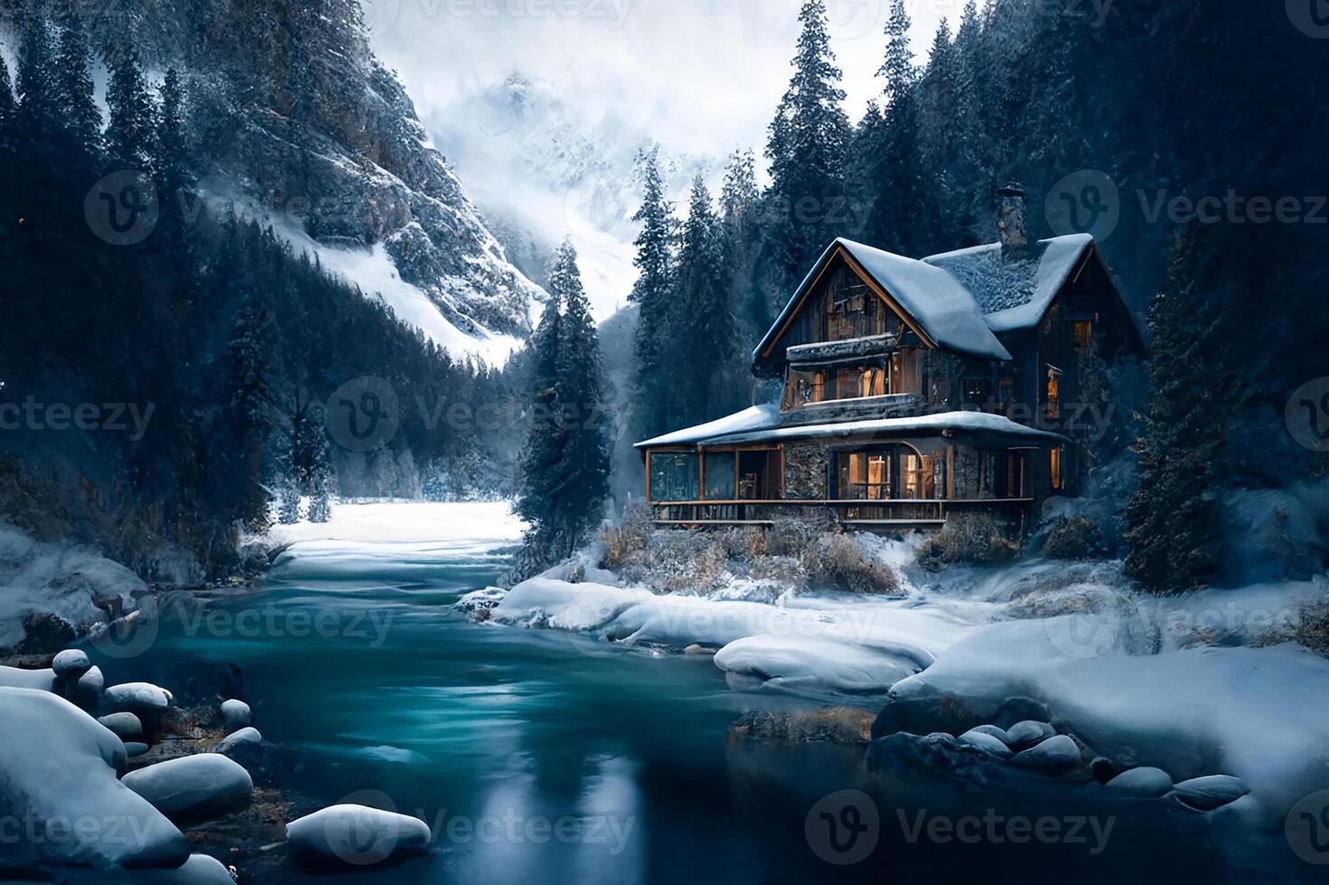 Chalet in the winter mountains by the river. Luxury chalet in the Alps. photo