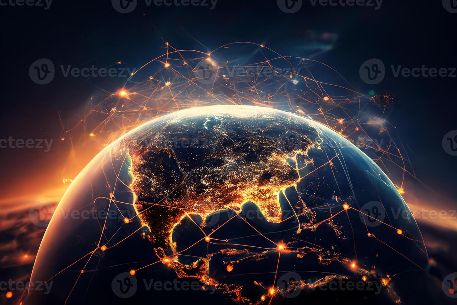 Social media, the globe, and glowing lights. The global network of the Internet. photo
