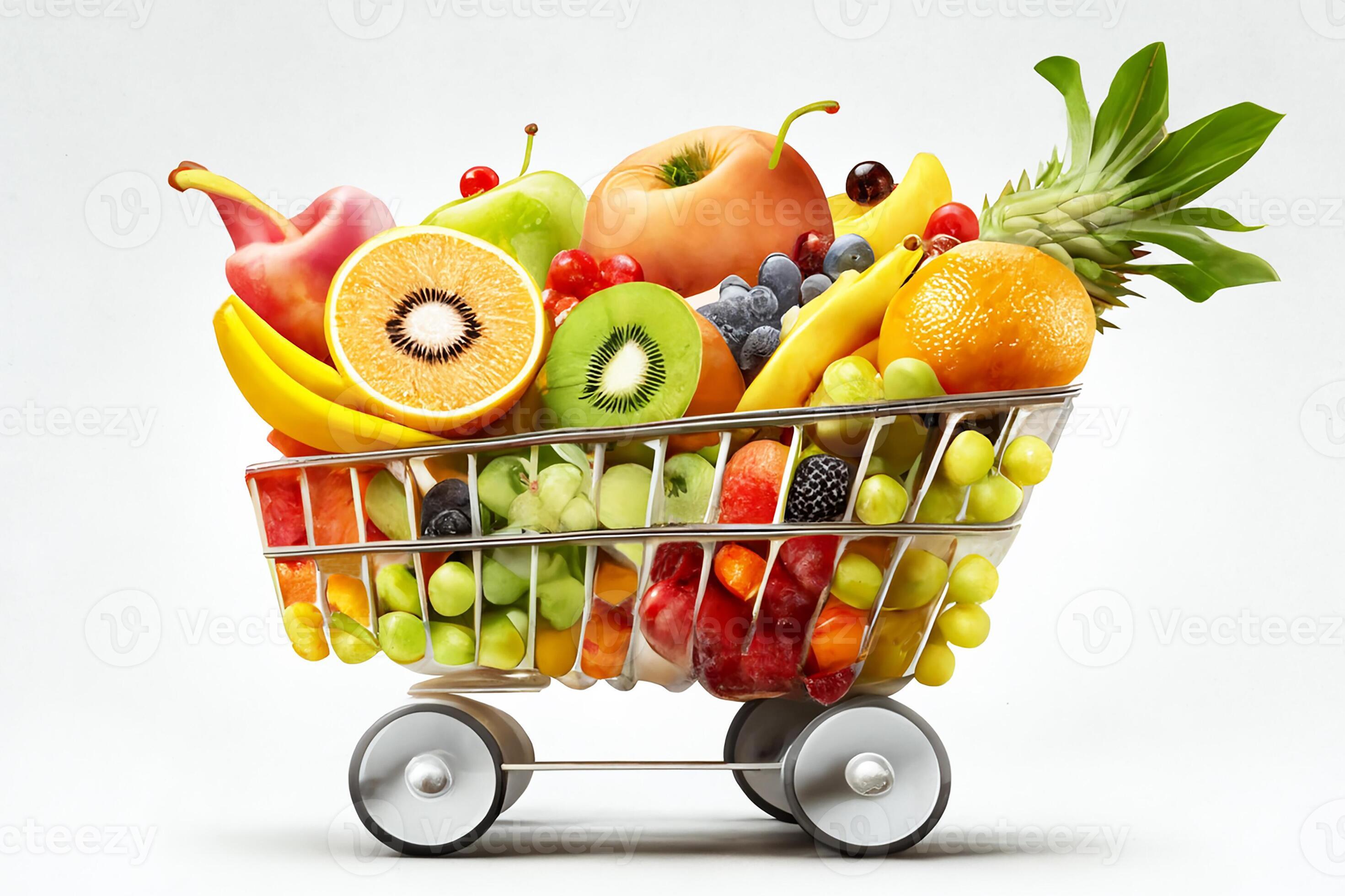 un supermercado carro lleno de diferente frutas y vegetales. blanco  antecedentes. generativo ai 23009446 Foto de stock en Vecteezy