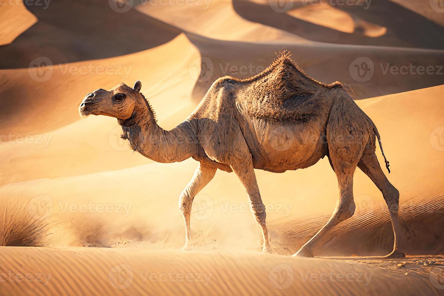 un salvaje camello camina mediante el Sáhara desierto. generativo ai foto