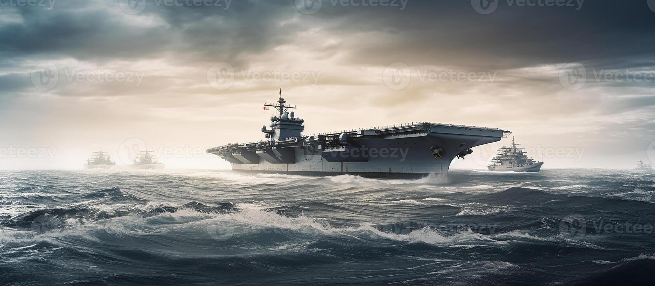 A warship, an aircraft carrier carrying warplanes on the high seas. A military air force. photo