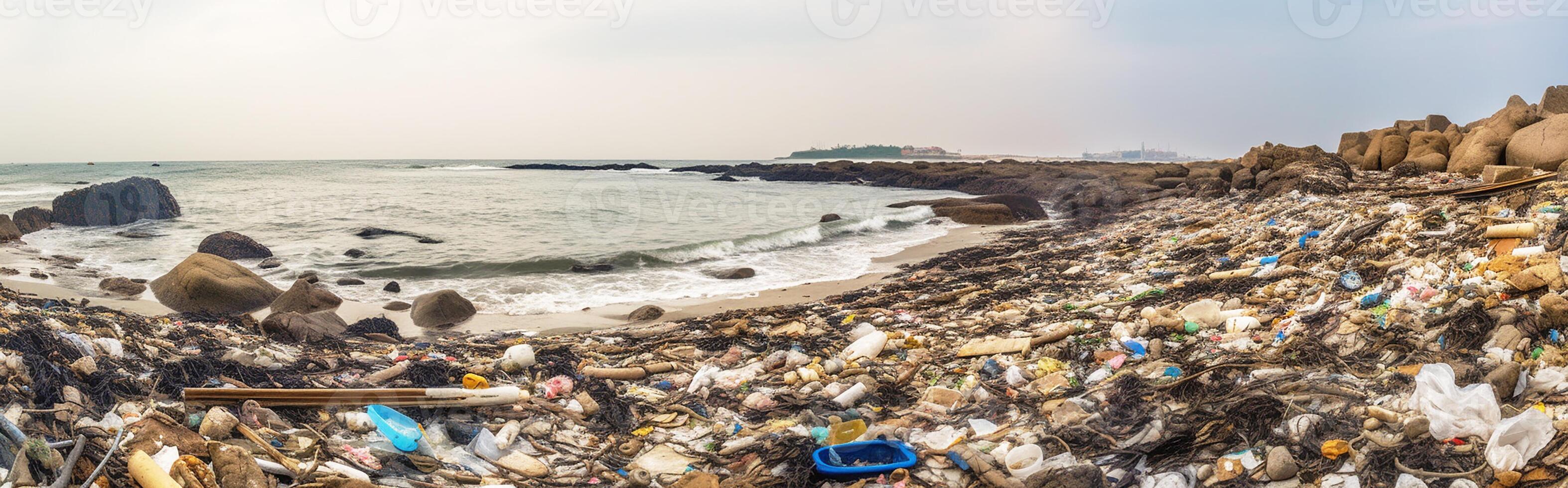 basura arrojado por el tormenta en el playa. basura a lo largo el costa. ambiental contaminación. generativo ai foto