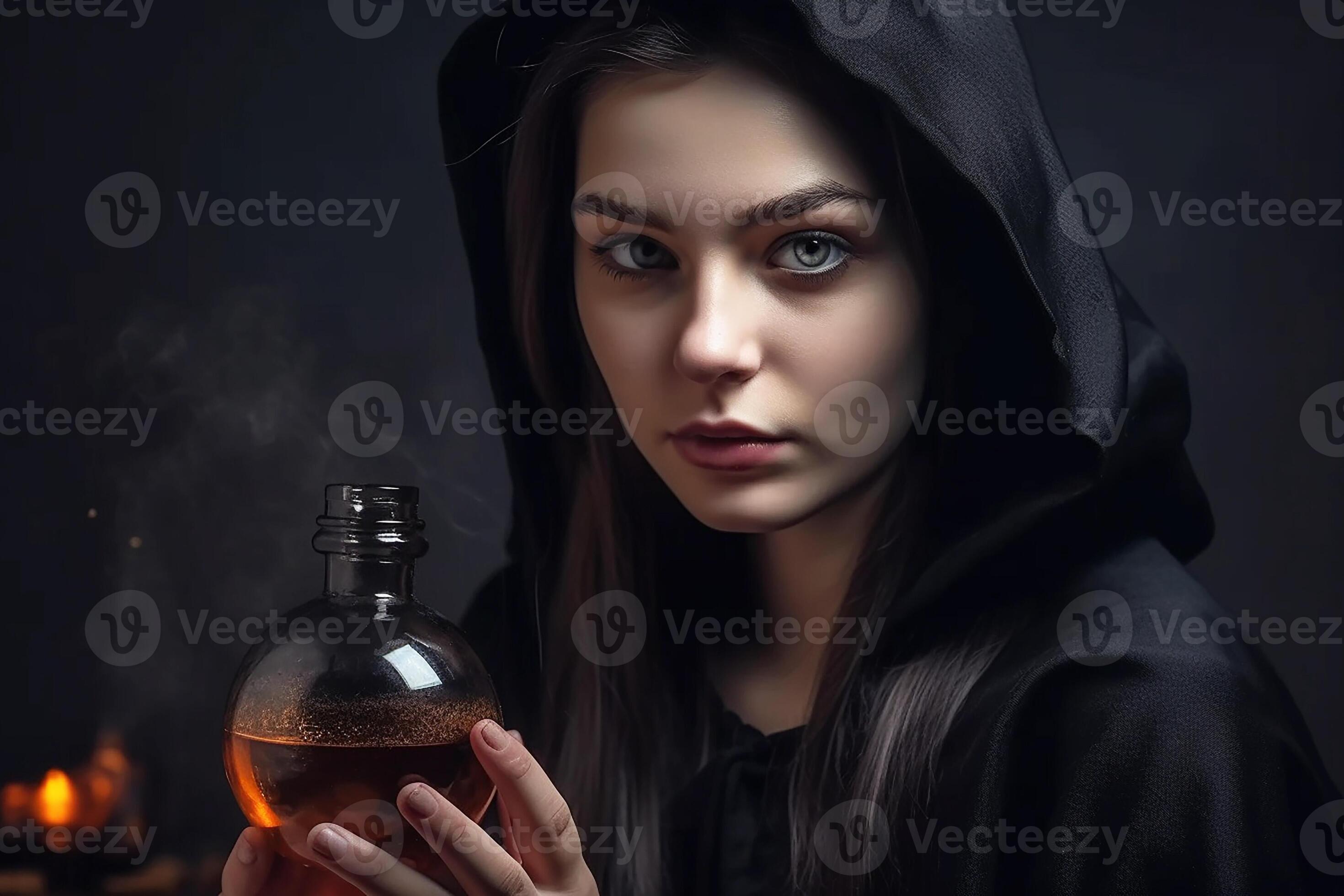 A witch, a beautiful girl in a black cape with a hood is preparing