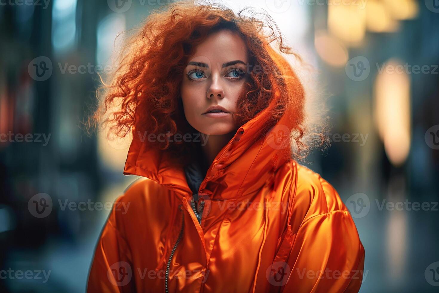 Portrait of a red-haired girl dressed fashionably in a bright orange jacket. Street style. photo