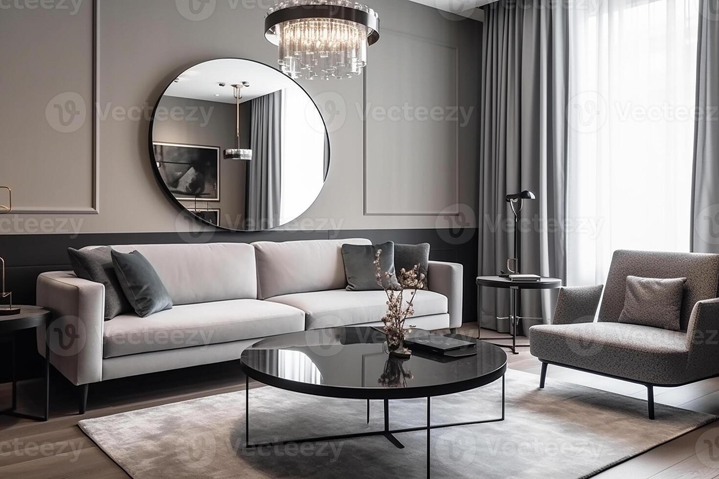 Luxury interior of the living room with a sofa in shades of gray. photo