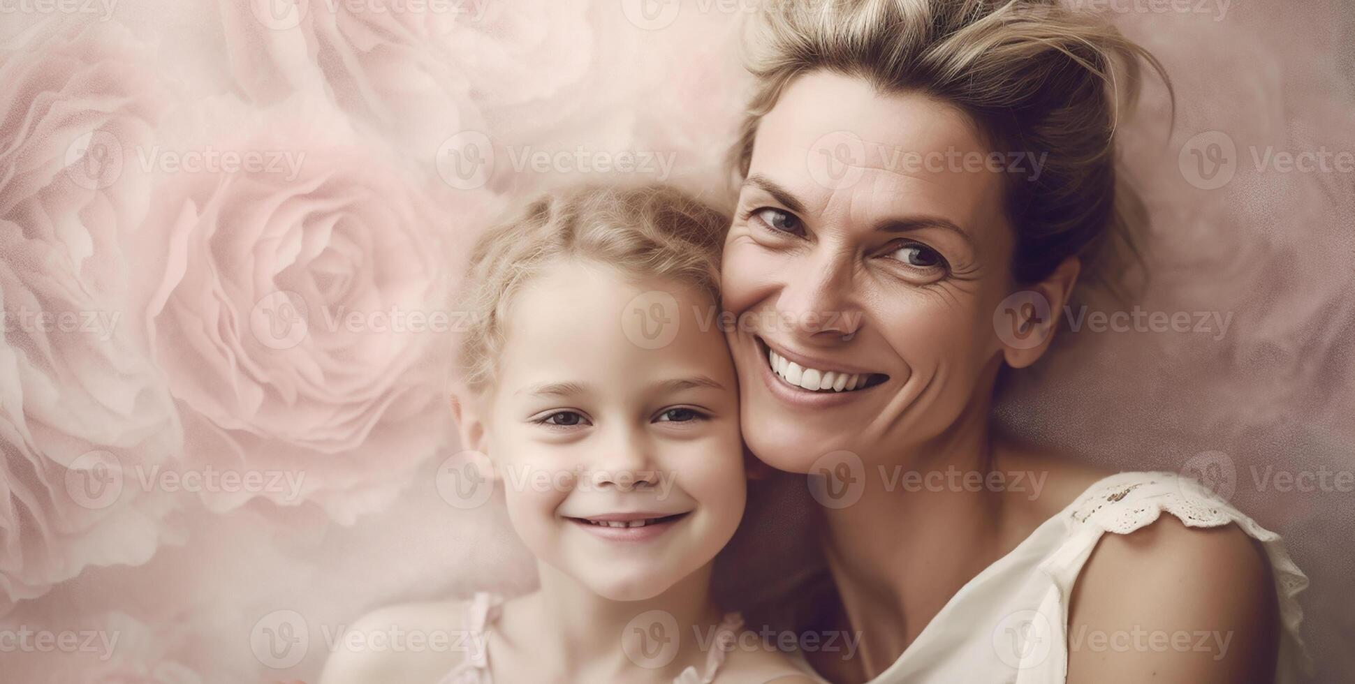 retrato de un sonriente madre con su hija en rosado en el estudio. generativo ai foto