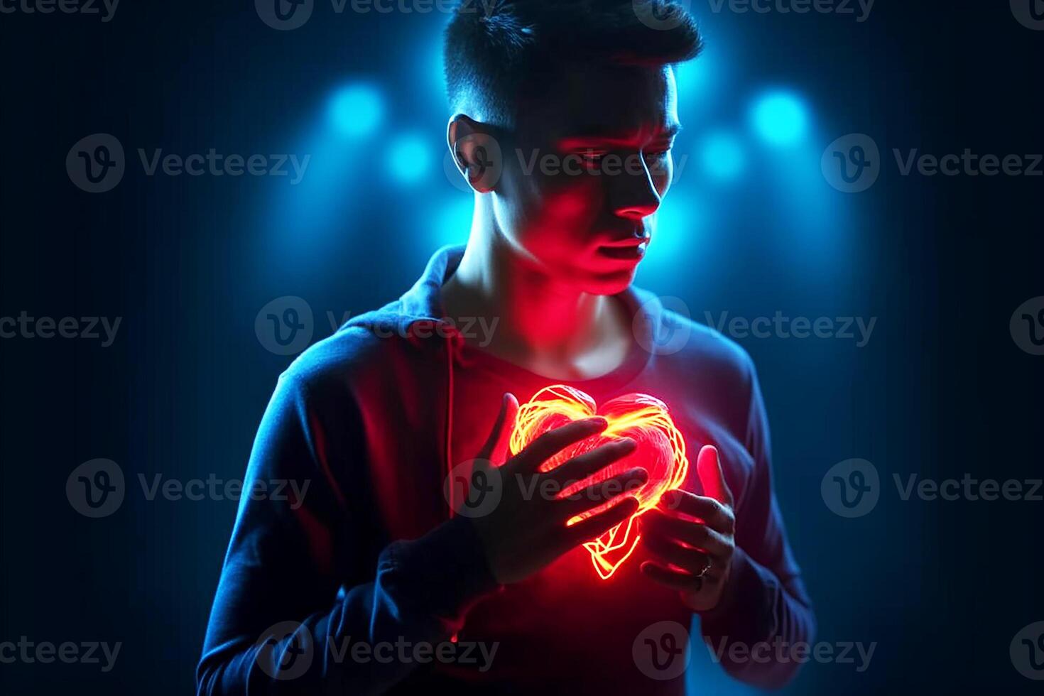 A man covers his hands with his heart illuminated in red. Prevention of cardiovascular disease. photo
