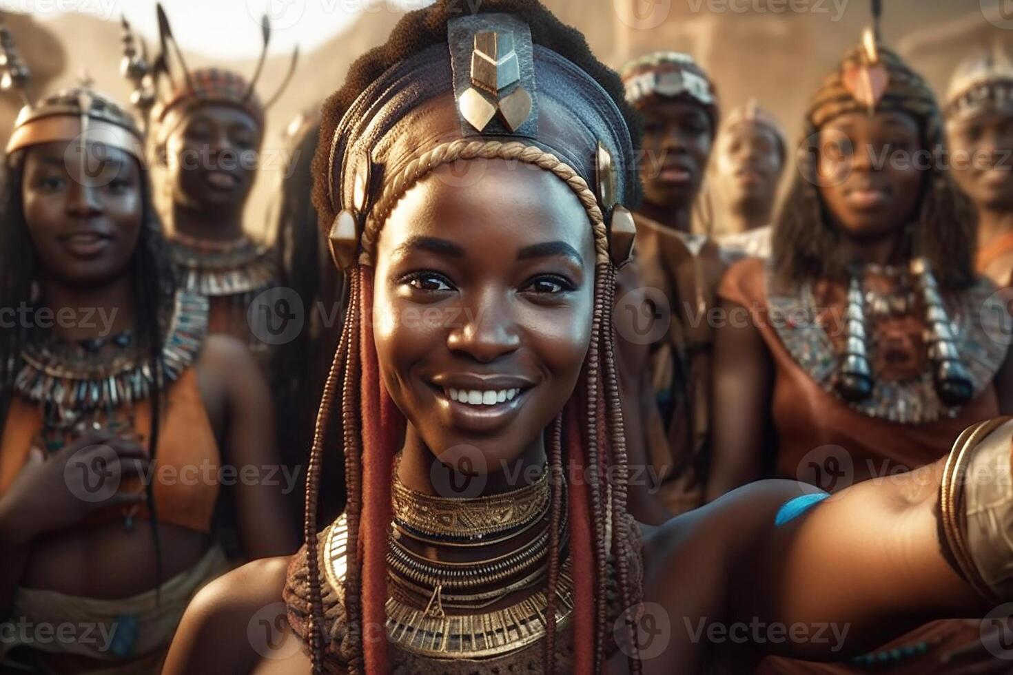 de piel oscura africano chica, Guinea princesa, en nacional disfraz sonriente y tomando selfies en frente de su amigos. generativo ai foto