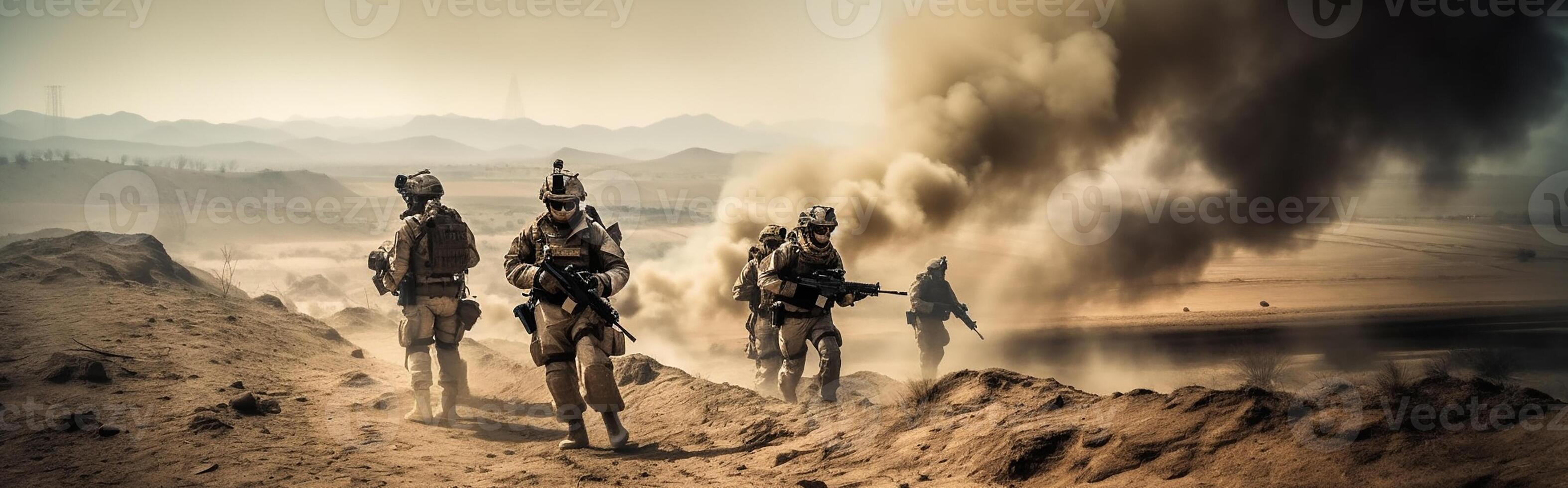 Military Special Forces soldiers cross a devastated war zone through fire and smoke in the desert, a broad poster design. photo