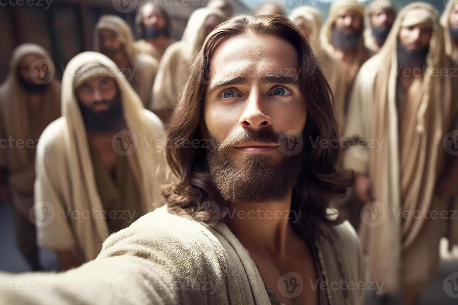 Jesus takes selfies. Portrait of a man who looks like Christ taking pictures of himself and his friends. photo