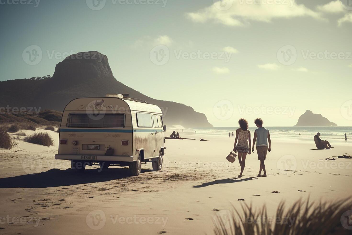 Van on the wild sandy seashore, auto travel. photo