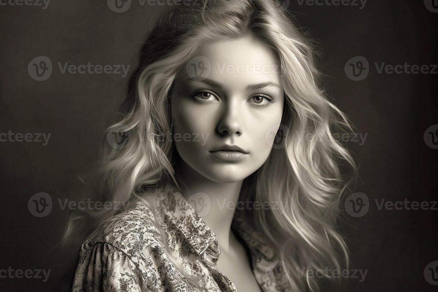 Portrait of a fashionable European girl with long blond hair. Studio light. Black and white photo. photo