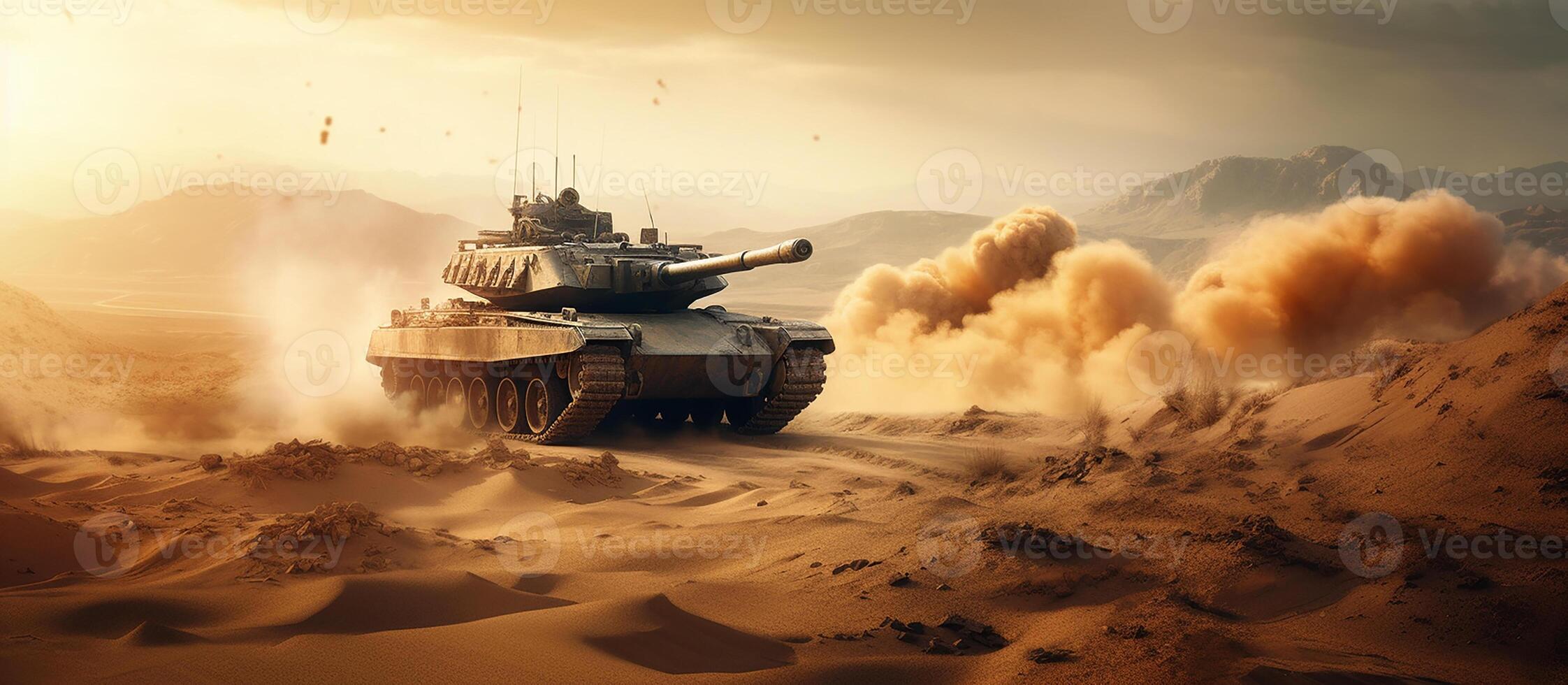 armored tank crossing a minefield during a military invasion epic scene of fire and some in the desert, wide poster design. photo