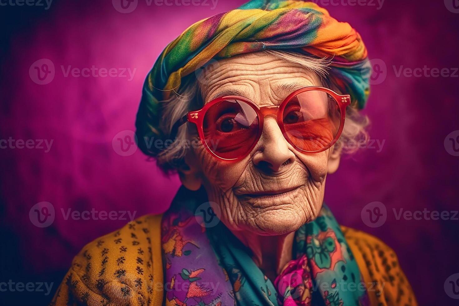 retrato de un antiguo sonriente abuela vistiendo Gafas de sol. el juventud de el alma. generativo ai foto