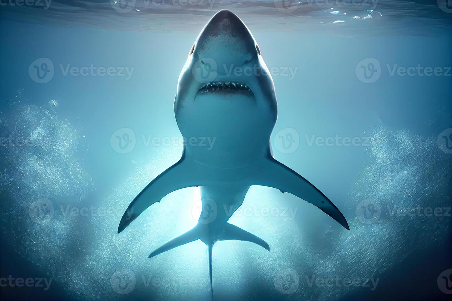 A great white shark swims in the ocean, view from below. photo