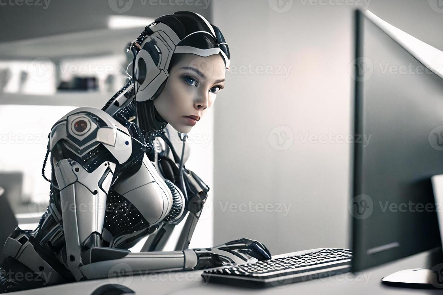 A female robot in the office at the computer. Chat Bot AI, smart robot technology. photo