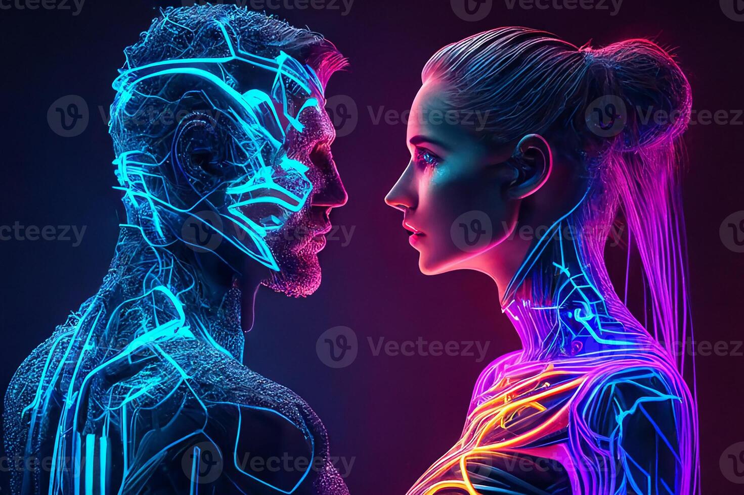 Social media, neon man and woman look at each other. Virtual