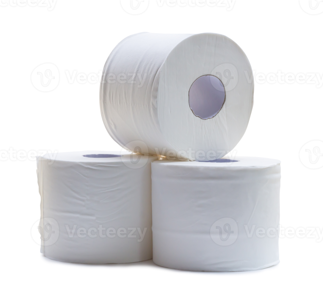 three rolls of white tissue paper or napkin in stack prepared for use in toilet or restroom isolated with clipping path and shadow in png format