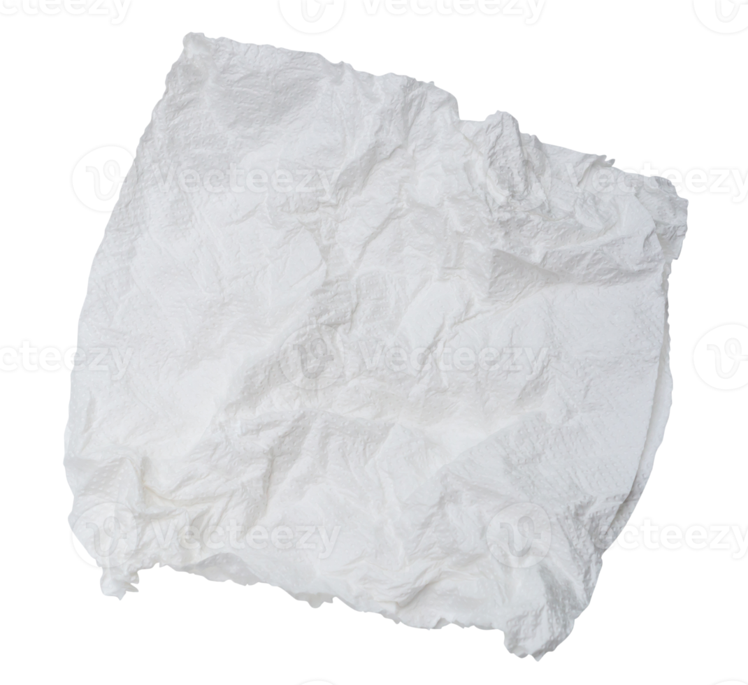 Single screwed or crumpled tissue paper or napkin in strange shape after use in toilet or restroom isolated with clipping path in png format