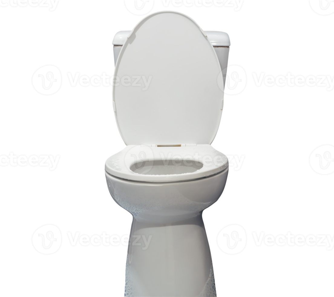 Open moden white toilet bowl after guest's use in resort or hotel restroom isolated with clipping path in png format