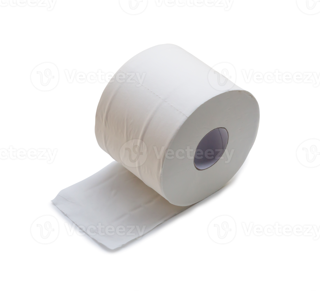 stänga upp Foto av enda rulla av vit vävnad papper eller servett beredd för använda sig av i toalett eller toalett isolerat med klippning väg och skugga i png formatera