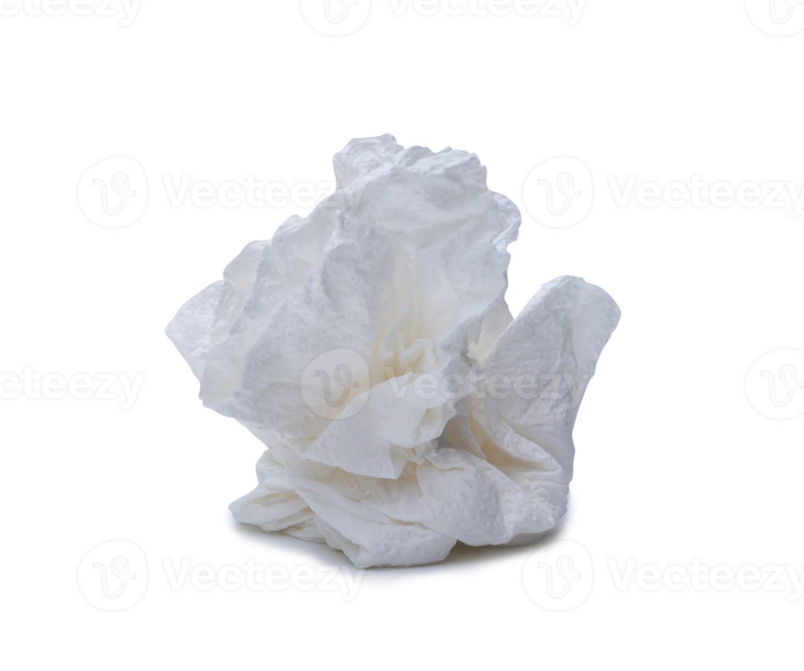 Single screwed or crumpled tissue paper or napkin in strange shape after use in toilet or restroom isolated with clipping path and shadow in png format