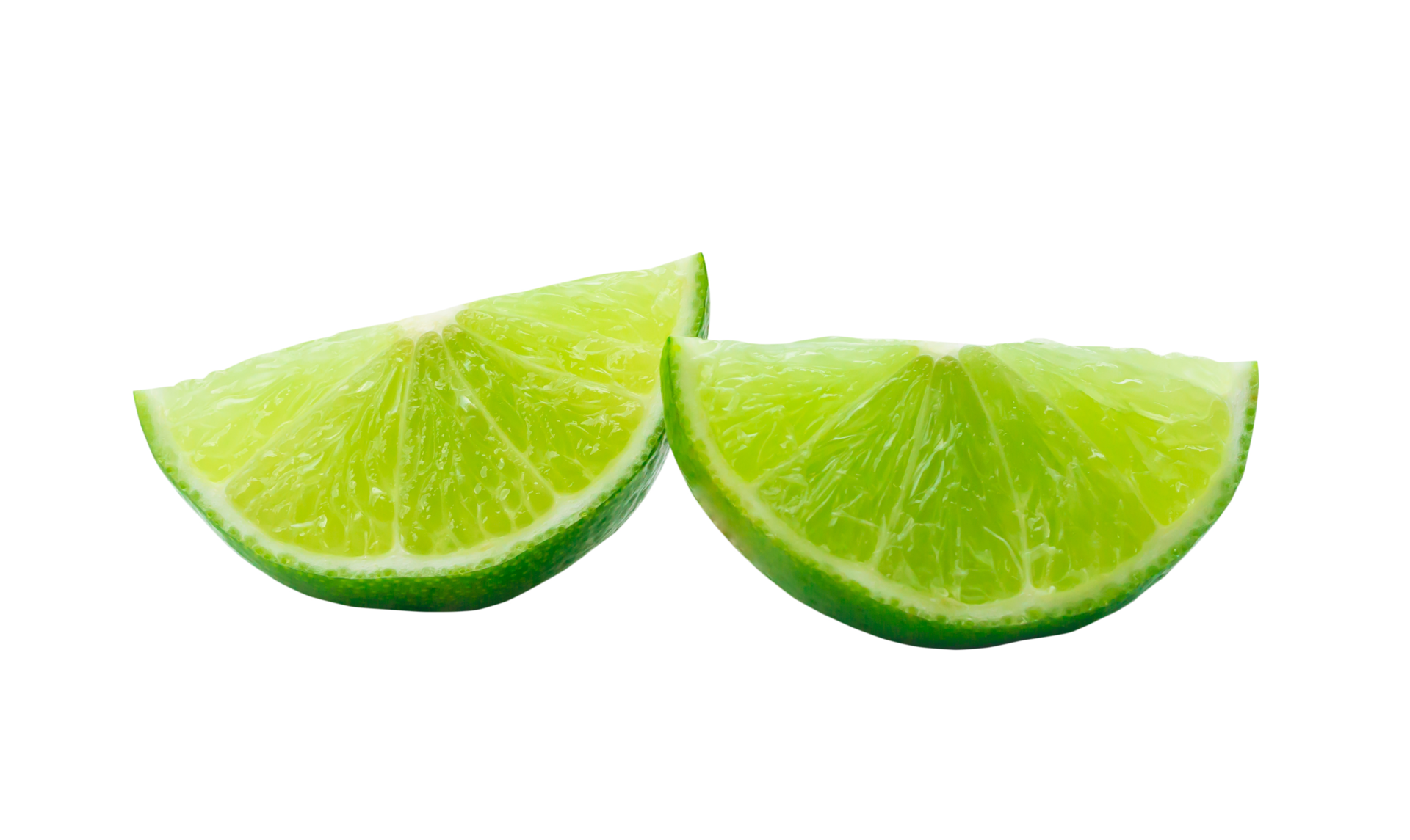 Close up photo of two slices or piece of green lemon isolated with