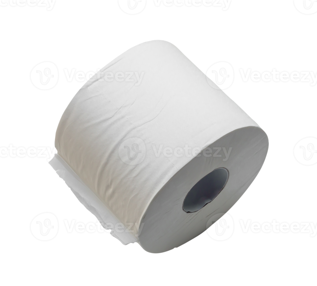 Close up photo of single roll of white tissue paper or napkin prepared for use in toilet or restroom isolated with clipping path in png format