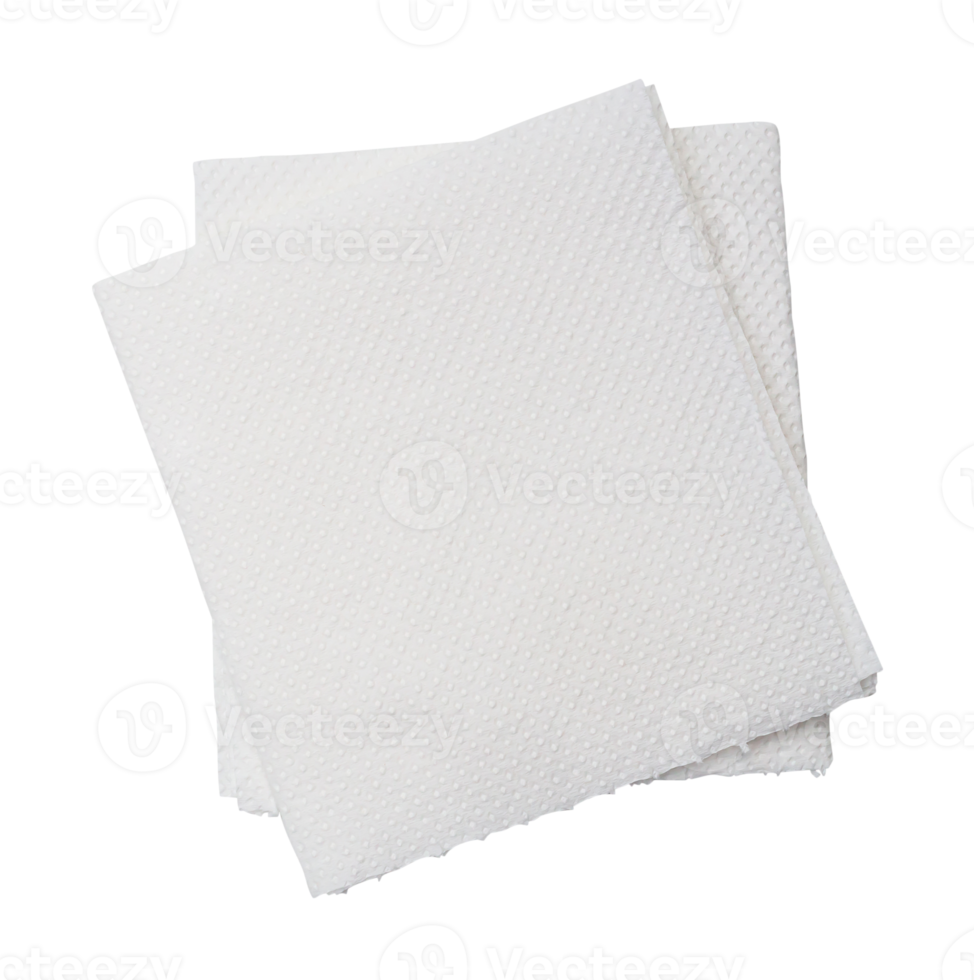 Two folded pieces of white tissue paper or napkin in stack tidily prepared for use in toilet or restroom isolated with clipping path in png format