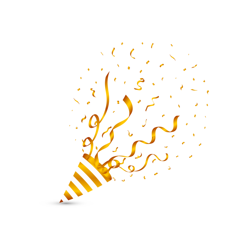 Festival confetti background PNG. Realistic birthday cap and confetti explosion Image. Golden bright confetti isolated on transparent background. Festival elements PNG. Birthday celebration. png