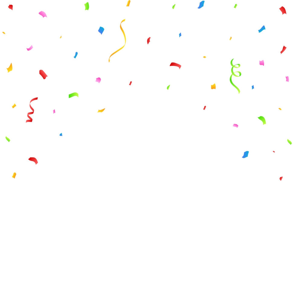 Realistic confetti and tinsel falling PNG background. Simple multicolor confetti PNG element. Colorful confetti isolated on transparent background. Carnival elements. Birthday party celebration.