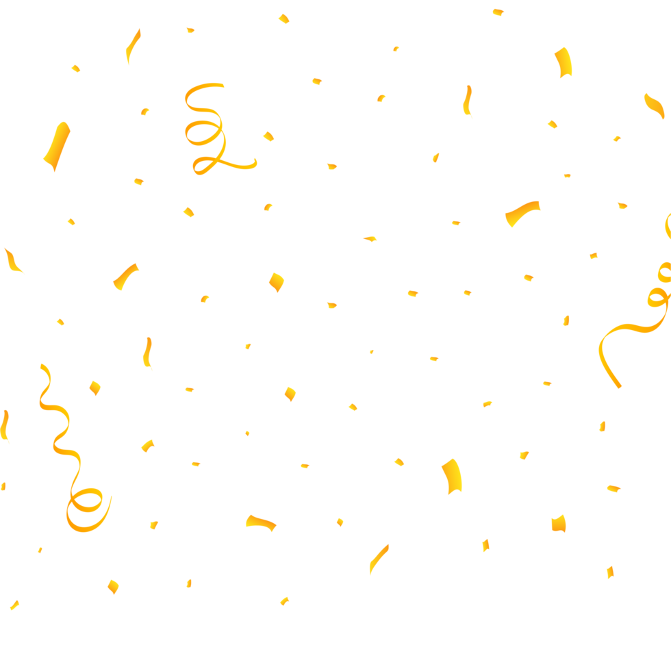 Realistic confetti background PNG. Golden celebration confetti ribbon falling image. Golden bright confetti isolated on transparent background. Festival elements PNG. Birthday celebration. png